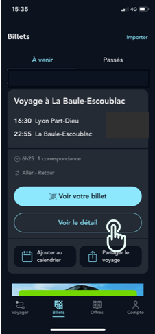 Visuel de l'écran "Billets" de l'application SNCF Connect