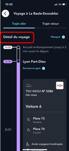 Visuel "Détail du voyage" dans la rubrique "Billets" de l'application SNCF Connect