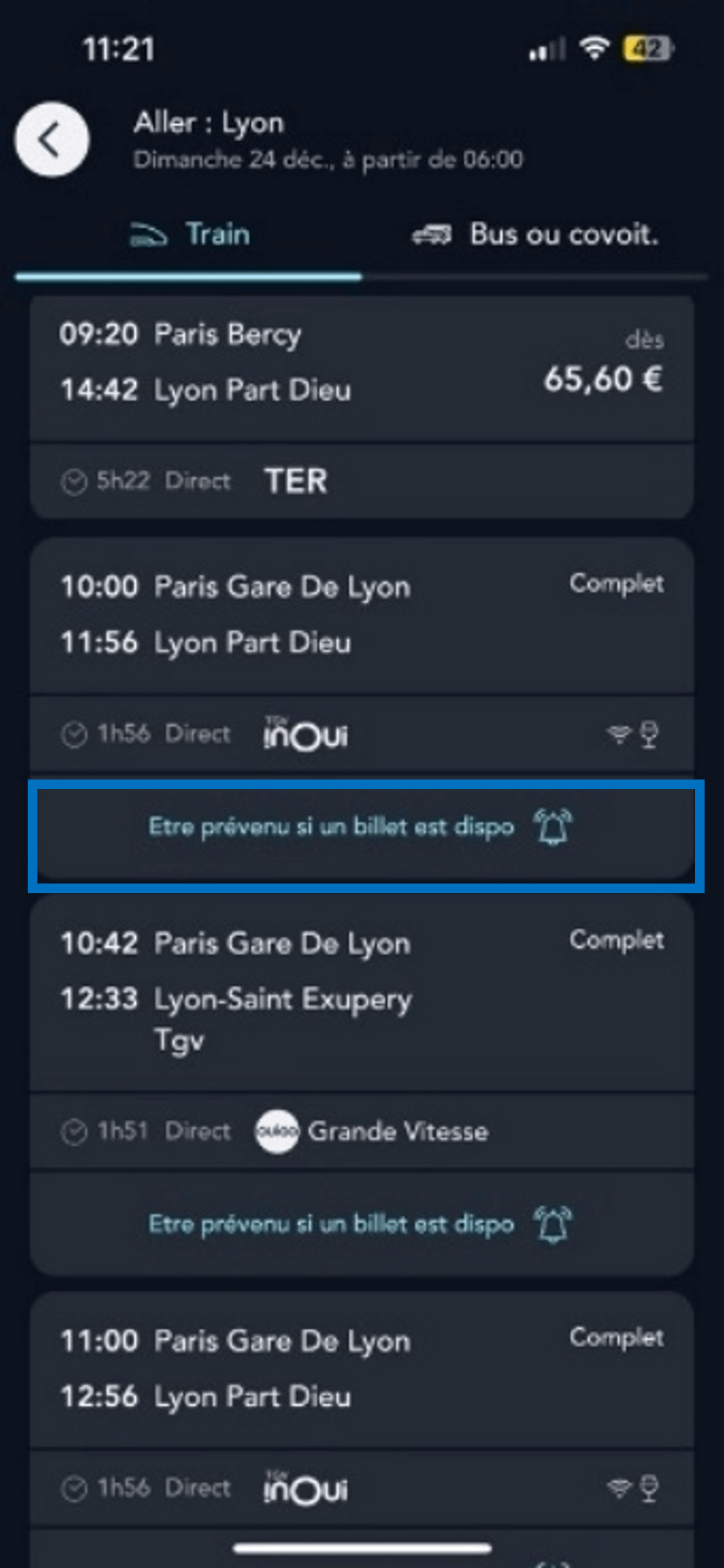 écran de la page des résultats de recherche de billet sur l'application SNCF Connect illustrant l'option alerte train complet