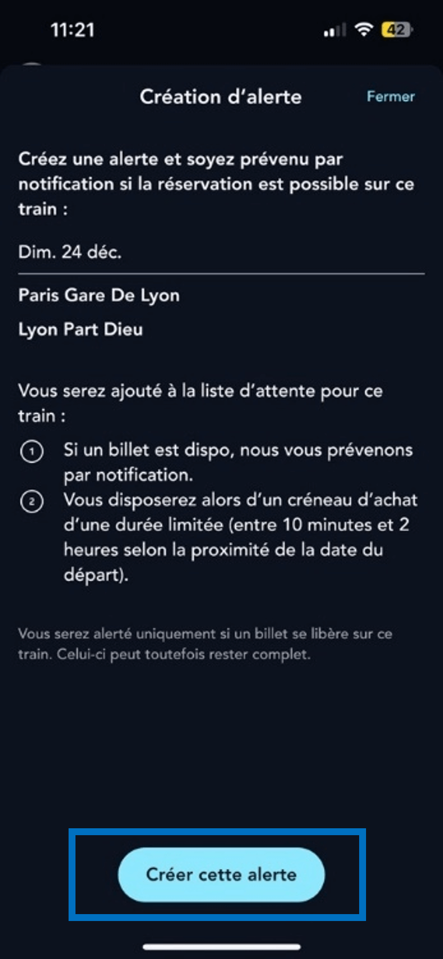 écran de la page de création d'une alerte train complet sur l'application SNCF Connect