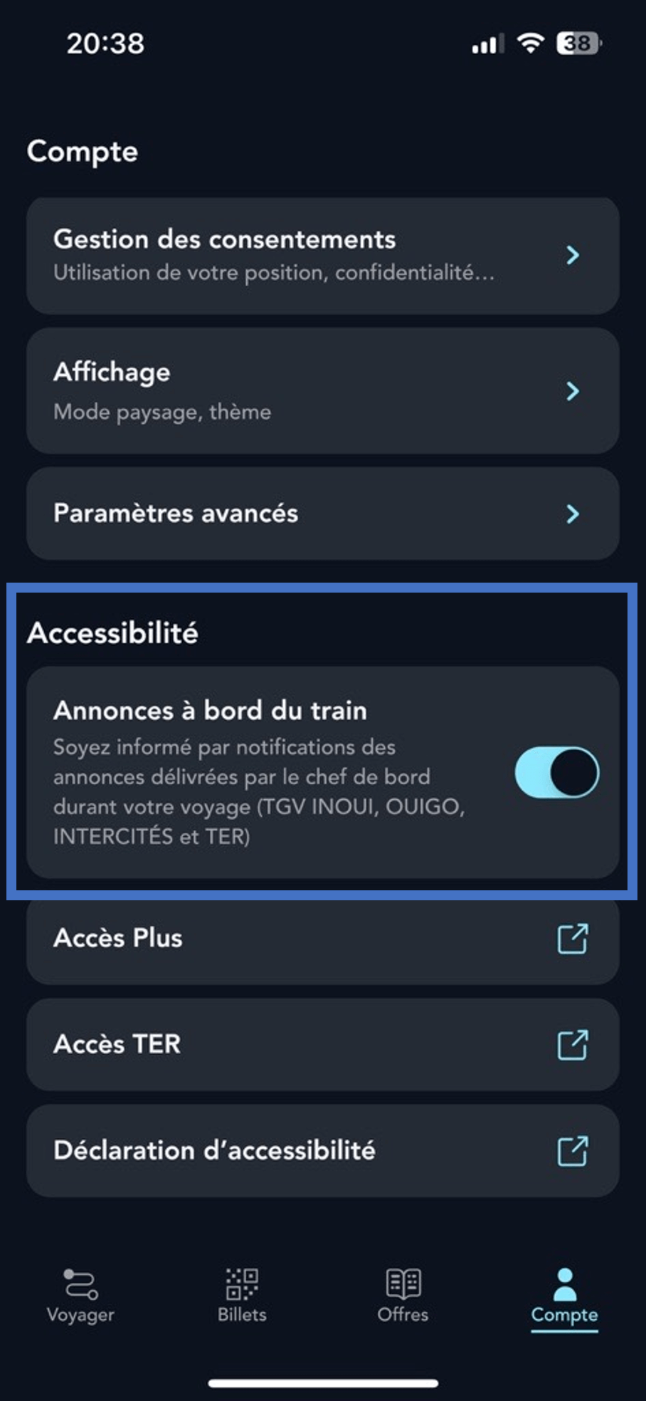 écran de la rubrique Compte de l'application SNCF Connect illustrant l'option active Annonces à bord du train