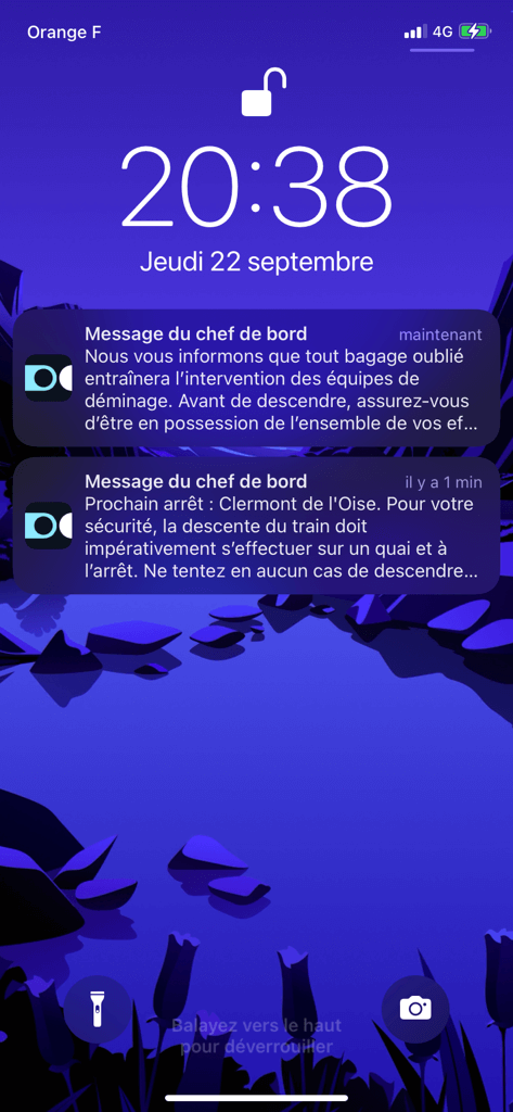 écran illustrant les notifications reçues de SNCF Connect sur les annonces à bord du train